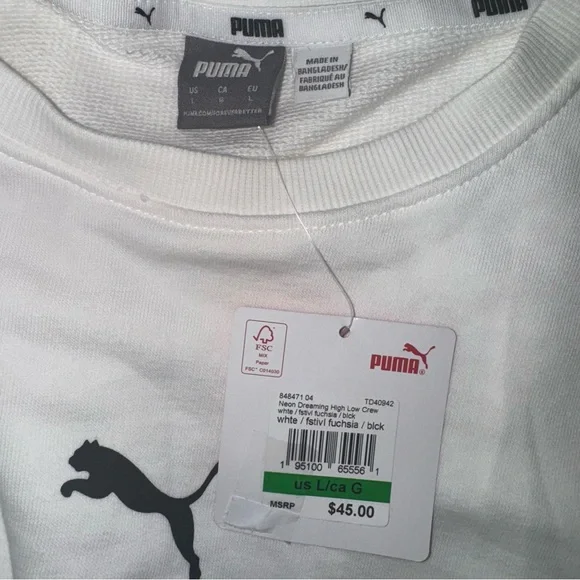 NWT Puma Long Sleeve Neon Dreaming High Low Crew White Fuchsia Black Size Large - Picture 8 of 11